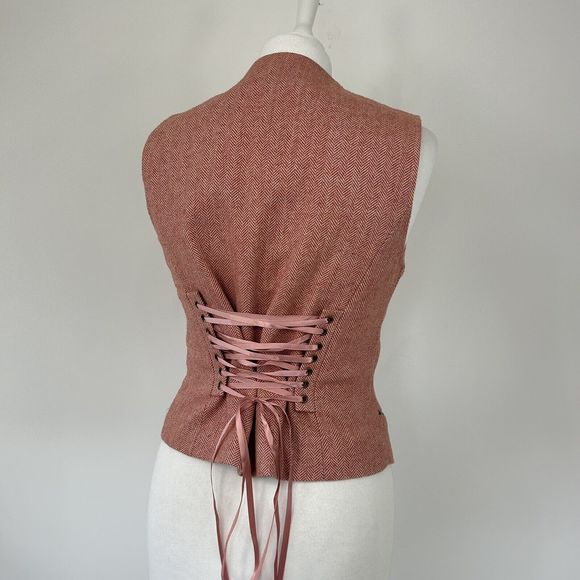 Joe Browns Waistcoat Size 12 Red Herringbone Corset Back Lined Wool Content - Picture 7 of 10